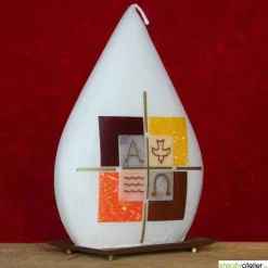 Taufkerze mit Kreuz und den Symbolen Welle, Taube, Alpha, Omega auf 4 Kacheln, besondere Form, für Jungen oder Mädchen