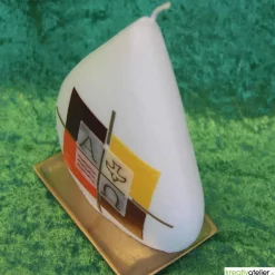 Taufkerze mit Kreuz und den Symbolen Welle, Taube, Alpha, Omega auf 4 Kacheln, besondere Form, für Jungen oder Mädchen