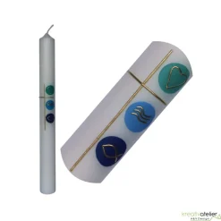 Taufkerze mit Kreuz und den christlichen Symbolen Herz, Wasser und Fisch in gold auf 3 Kacheln, handverziert, elfenbein