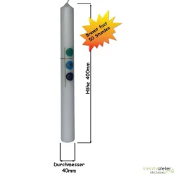 Taufkerze mit Kreuz und den christlichen Symbolen Herz, Wasser und Fisch in gold auf 3 Kacheln, handverziert, elfenbein