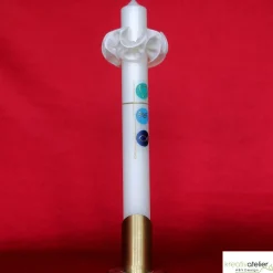 Taufkerze mit Kreuz und den christlichen Symbolen Herz, Wasser und Fisch in gold auf 3 Kacheln, handverziert, elfenbein