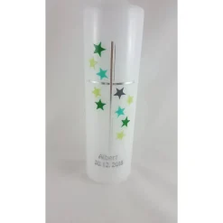 Taufkerze mit Sternen grün / grau, für Jungs und Mädchen