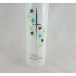 Taufkerze mit Sternen grün / grau, für Jungs und Mädchen