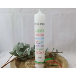 Taufkerze mit tollen Worten und einem Fisch - in bunten Farben -personalisiert-