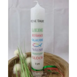 Taufkerze mit tollen Worten und einem Fisch - in bunten Farben -personalisiert-