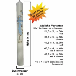 Taufkerze mit zweifarbigem Kreuz, Blumenranke, Taube und Bibel, personalisierbar, Taufe Jungen, Taufkerze Mädchen