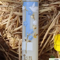 Taufkerze mit zweifarbigem Kreuz, Blumenranke, Taube und Bibel, personalisierbar, Taufe Jungen, Taufkerze Mädchen