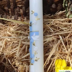 Taufkerze mit zweifarbigem Kreuz, Blumenranke, Taube und Bibel, personalisierbar, Taufe Jungen, Taufkerze Mädchen