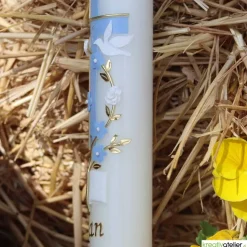 Taufkerze mit zweifarbigem Kreuz, Blumenranke, Taube und Bibel, personalisierbar, Taufe Jungen, Taufkerze Mädchen