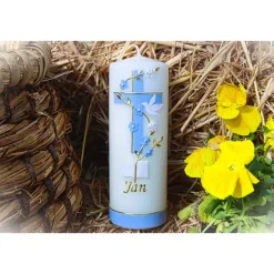 Taufkerze mit zweifarbigem Kreuz, Blumenranke, Taube und Bibel, personalisierbar