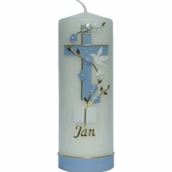 Taufkerze mit zweifarbigem Kreuz, Blumenranke, Taube und Bibel, personalisierbar
