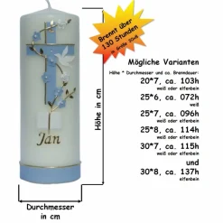 Taufkerze mit zweifarbigem Kreuz, Blumenranke, Taube und Bibel, personalisierbar