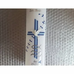 Taufkerze modern, für Jungs, blau, mit Blätterranke