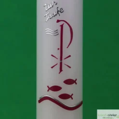 Taufkerze Pax, Fische und Wellen mit Schriftzug „Zur Taufe“, Taufkerze für Mädchen Jungen, personalisierbar