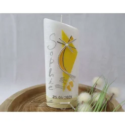 Taufkerze Perlmutt geriffelt - Ellipse abgeschrägt Gelb marmoriert oder Wunschfarbe