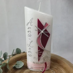 Taufkerze Perlmutt geriffelt - Ellipse abgeschrägt Beere-Altrosa oder Wunschfarbe