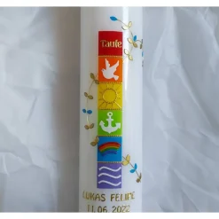 Taufkerze Regenbogen, gold, für Jungs, mit Anker