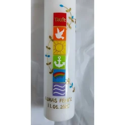 Taufkerze Regenbogen, gold, für Jungs, mit Anker