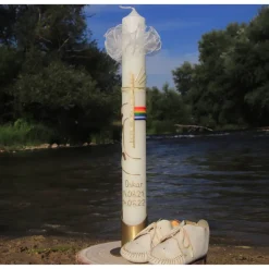 Taufkerze Regenbogen, Lebensweg und Kreuz, wunderschöne handverzierte schlanke Taufkerze für Jungen oder Mädchen