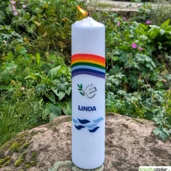 Taufkerze Regenbogen, Taube und Wellen, wunderschöne handverzierte Taufkerze für Jungen oder Mädchen, personalisierbar