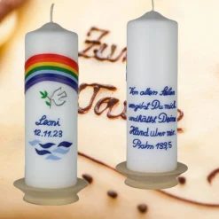 Taufkerze Regenbogen, Taube und Wellen, wunderschöne handverzierte Taufkerze für Jungen oder Mädchen, personalisierbar