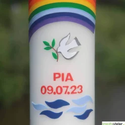 Taufkerze Regenbogen, Taube und Wellen, wunderschöne handverzierte Taufkerze für Jungen oder Mädchen, personalisierbar