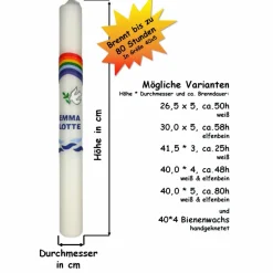 Taufkerze Regenbogen, Taube und Wellen, wunderschöne schlanke Taufkerze für Jungen oder Mädchen, personalisierbar