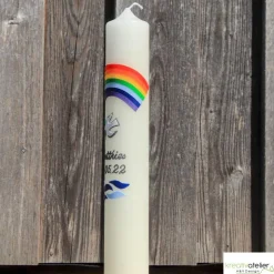 Taufkerze Regenbogen, Taube und Wellen, wunderschöne schlanke Taufkerze für Jungen oder Mädchen, personalisierbar