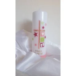 Taufkerze rosa pink mit goldener Beschriftung, 25 x 6 cm