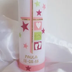 Taufkerze rosa pink mit goldener Beschriftung, 25 x 6 cm