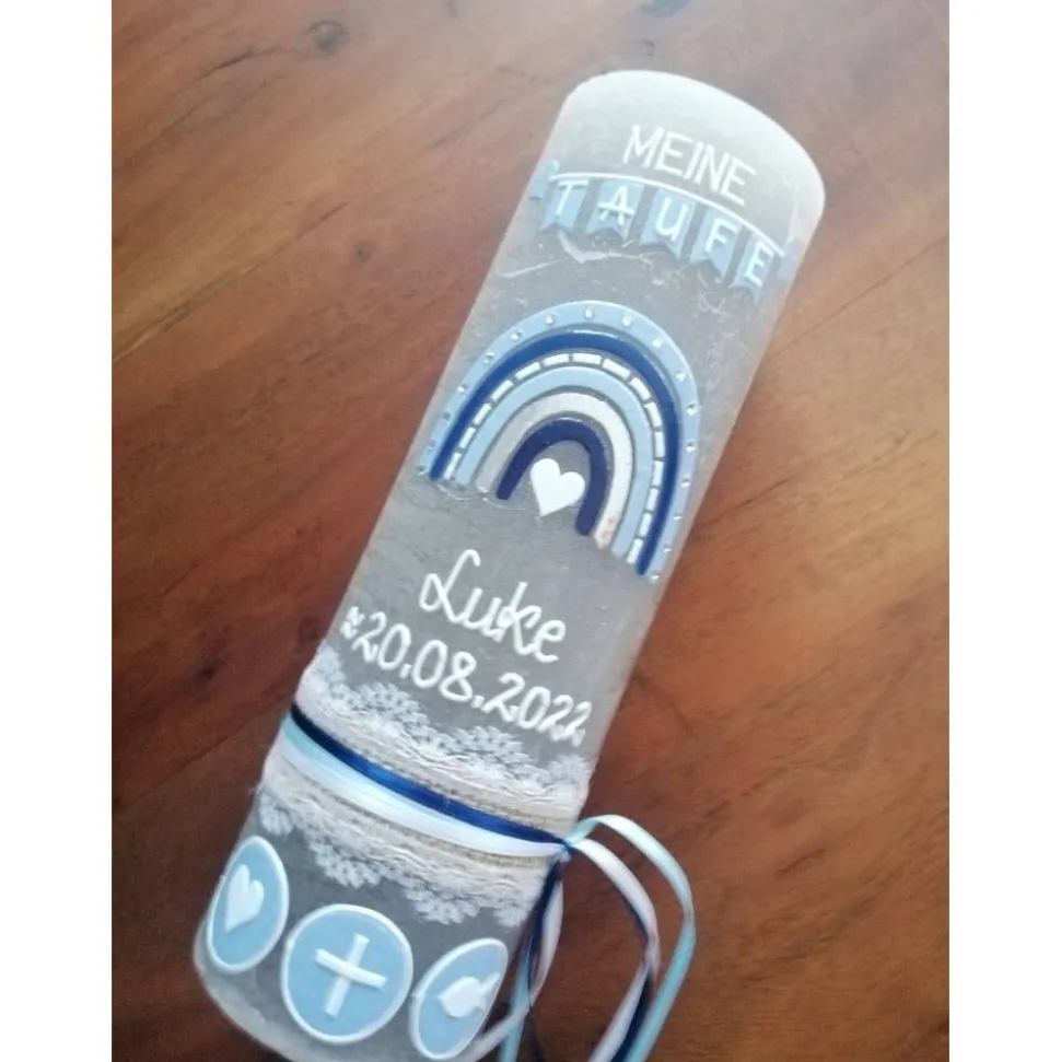 Taufkerze Rustica Vintage-Look Shabby Rustikal, Regenbogen Kreuz Herz Fisch Jungen blau Farbwünsche auch für Mädchen ink
