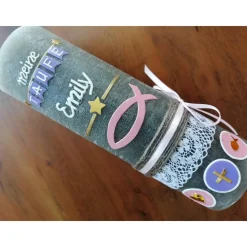 Taufkerze RUSTICA, Vintage-Look, SHABBY, Rustikal, Vorname + ICHTHYS - Fisch,  Mädchen, Junge, Kerze, Taufe, inkl Wachsb