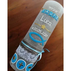 Taufkerze RUSTICA, Vintage-Look, SHABBY, Rustikal, Vorname + ICHTHYS - Fisch,  Mädchen, Junge, Kerze, Taufe, inkl Wachsb