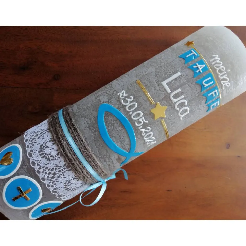 Taufkerze RUSTICA, Vintage-Look, SHABBY, Rustikal, Vorname + ICHTHYS - Fisch,  Mädchen, Junge, Kerze, Taufe, inkl Wachsb