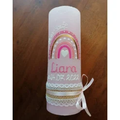 Taufkerze Rustica Vintage-Look Shabby, Regenbogen Mädchen rosa Farbwünsche auch für Jungen inkl Wachsbeschriftung