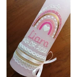 Taufkerze Rustica Vintage-Look Shabby, Regenbogen Mädchen rosa Farbwünsche auch für Jungen inkl Wachsbeschriftung