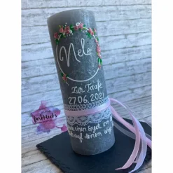 Taufkerze Rustik Mädchen Blumenkranz