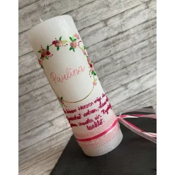 Taufkerze Rustik Mädchen Blumenkranz