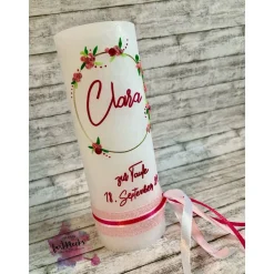 Taufkerze Rustik Mädchen Blumenkranz