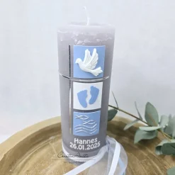 Taufkerze Rustik mit Symbolen - Quadrate -personalisiert- mit/ohne Teelichteinsatz in hellblau-weiß