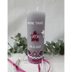Taufkerze Rustik- Sterne grau-beere - Mädchen Taufe Geburt