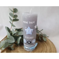 Taufkerze Rustik- Sterne grau-weiß-hellblau