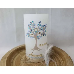 Taufkerze Rustik weiß groß - Lebensbaum mit christlichen Symbolen - blau, taupe