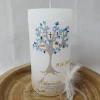 Taufkerze Rustik weiß groß - Lebensbaum mit christlichen Symbolen - blau, taupe