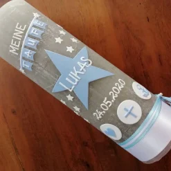 Taufkerze Rustikal Stern Wimpel blau Jungen Herz Kreuz Anker klassisch modern Mädchen Farbwünsche Rustika Rustical Vinta