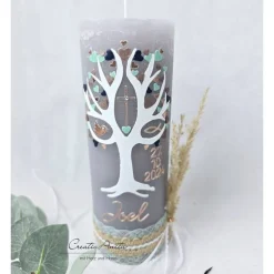 Taufkerze Rustikkerze Betongrau mit Lebensbaum - Herzen in Roségold, Braun metallic, Mint und Petrol mit Pampasgras