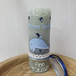 Taufkerze Rustikkerze Grau - Junge - Blau-Gold - mit Fischen