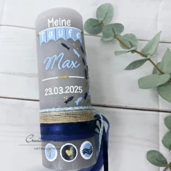 Taufkerze Rustikkerze Junge Blau-Silber - mit Fischen