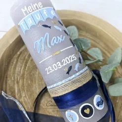 Taufkerze Rustikkerze Junge Blau-Silber - mit Fischen