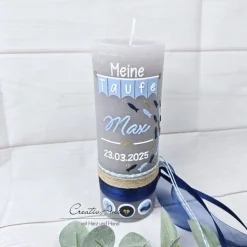 Taufkerze Rustikkerze Junge Blau-Silber - mit Fischen